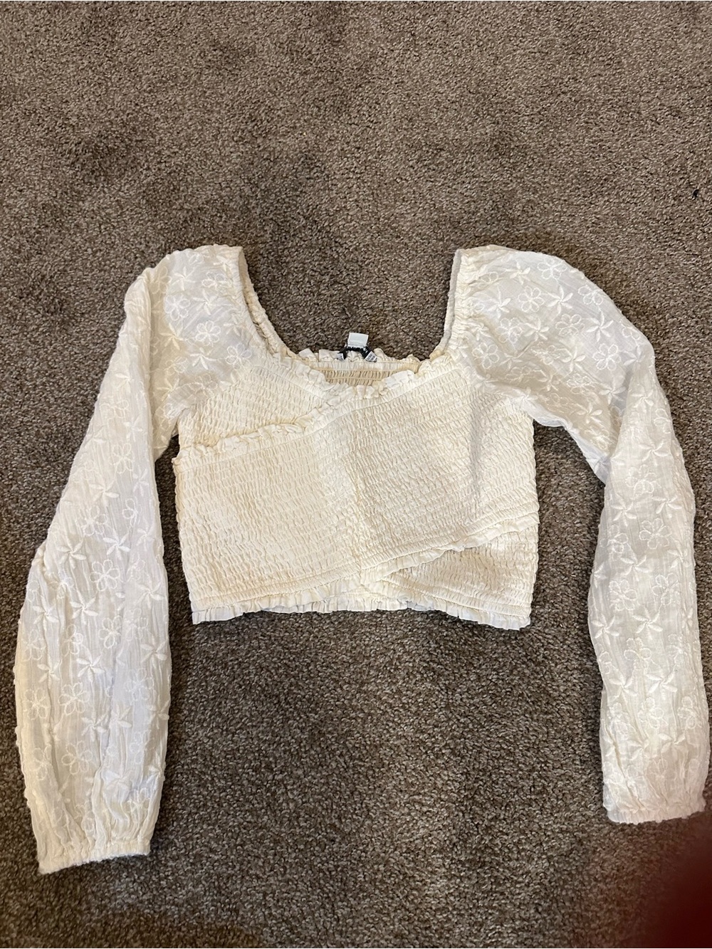 American Eagle Outfitters Cream Smocked Crop Top with Embroidered Puff Sleeves